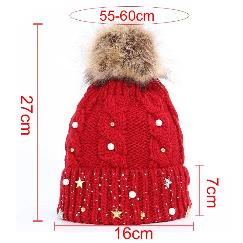 

2020 Luxury Brand Winter Wool Knitted Hat Fashion Keep Warm Pearl Knitted Hat Female Beanie Cap Pompom Winter Hats For Women