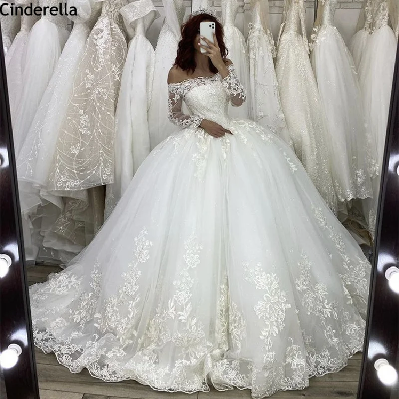 

Wedding Dresses Long Sleeves Boat Neck Sweep Train A-Line Lace Applique Crystal Wedding Dresses Lace Up Back vestido de noiva