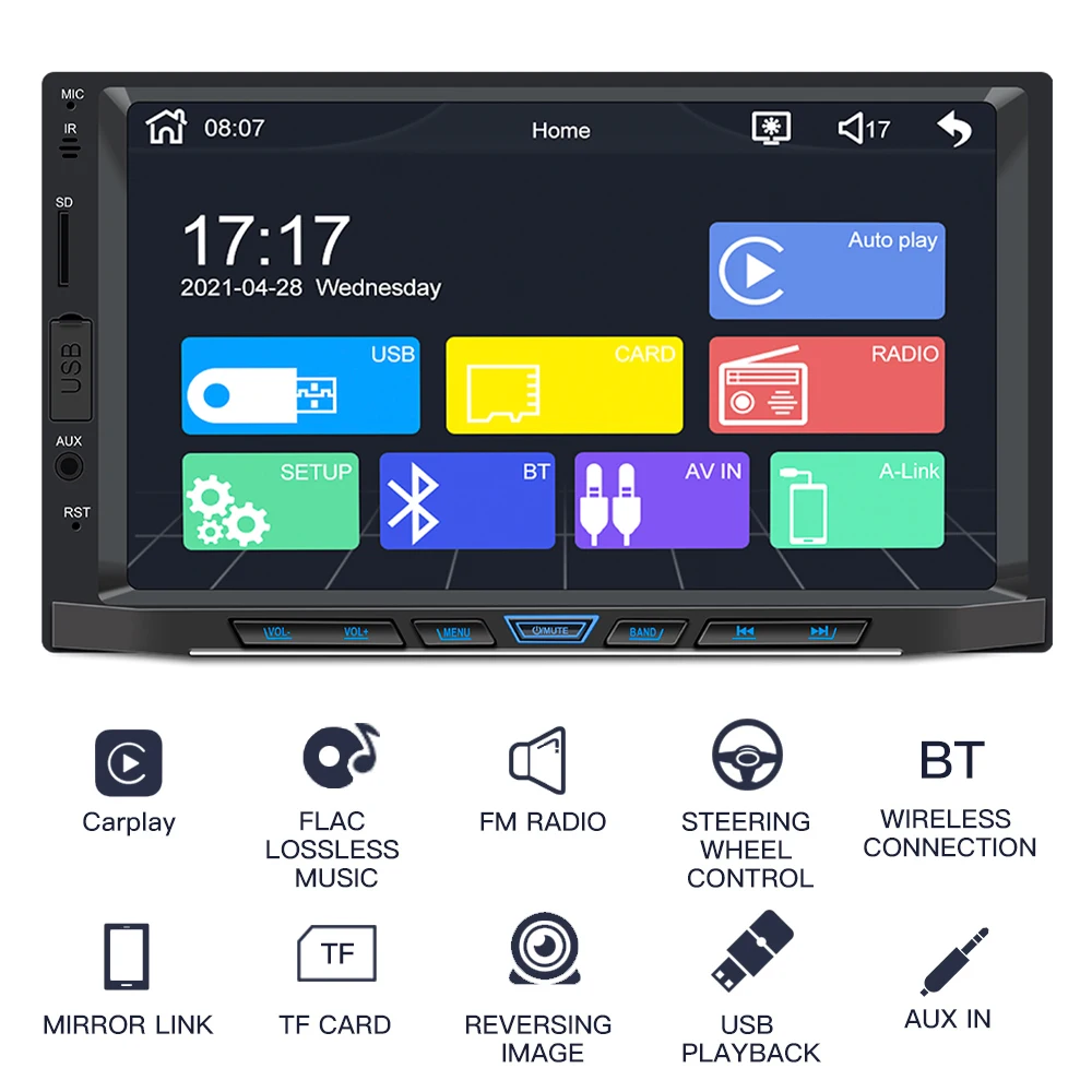 

7-дюймовый автомобильный MP5-плеер 2 Din Carplay радио Android авто стерео HD емкостный экран USB IOS mp3-плеер аудио с 12 Светодиодный Ной камерой