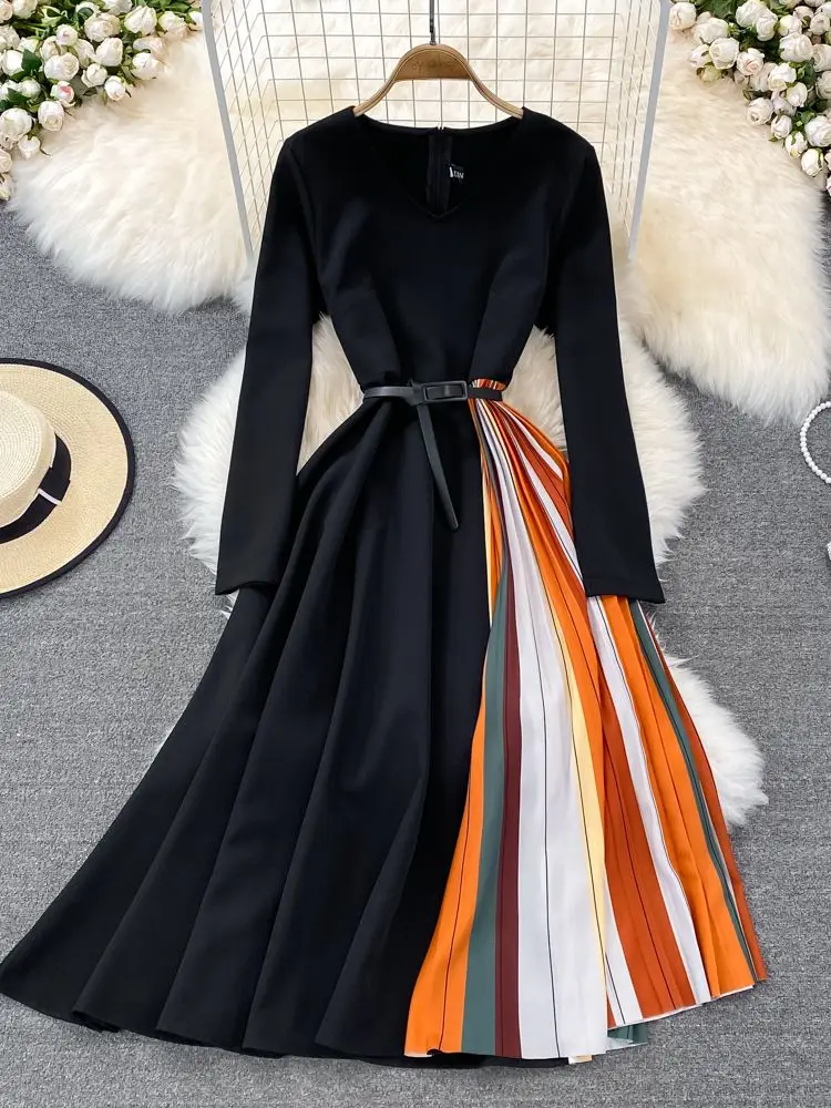 

Merchall 2022 New Fashion Pleated Dress Female's Patchwork V Neck Long Sleeve Autumn Spring A Line Party Dress with Belt M71845