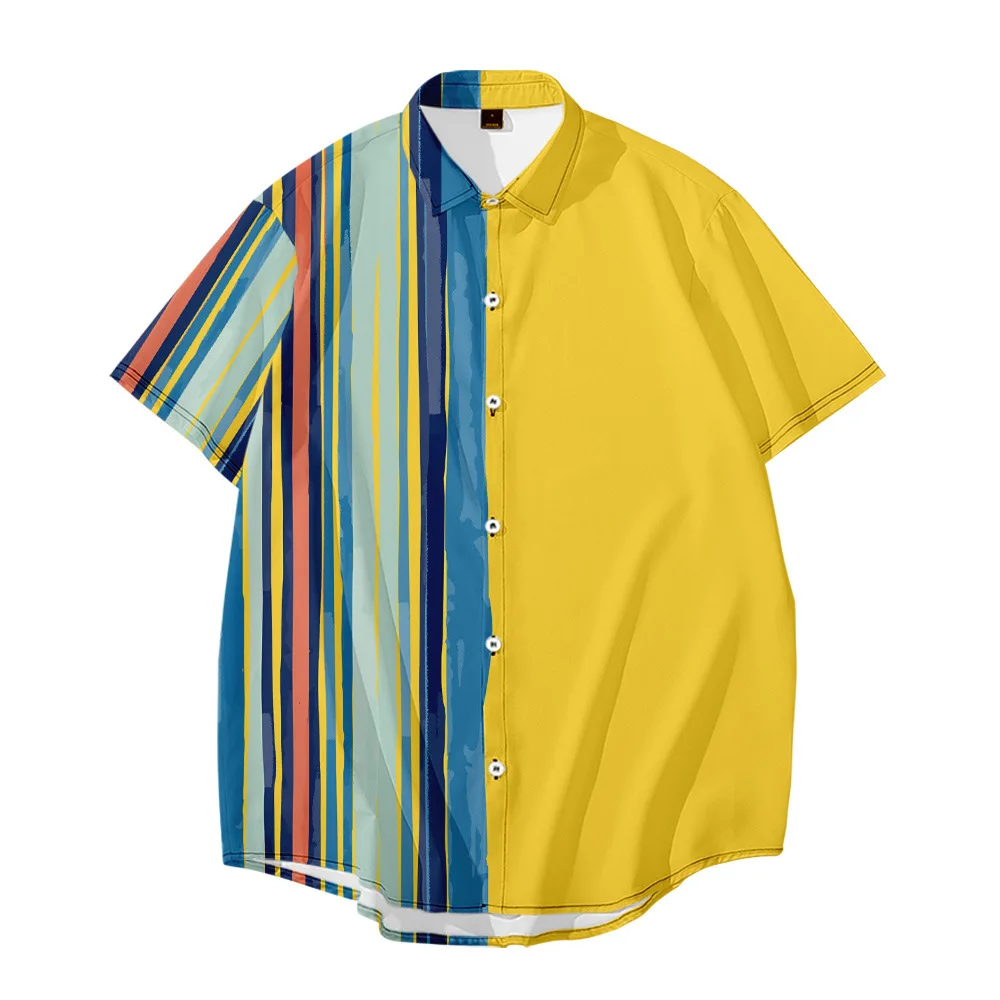Bebovizi Fashion Patchwork Striped Print Short Sleeved Pink Shirt Summer Men Loose Hawaiian Shirt Camisas Top Clothing