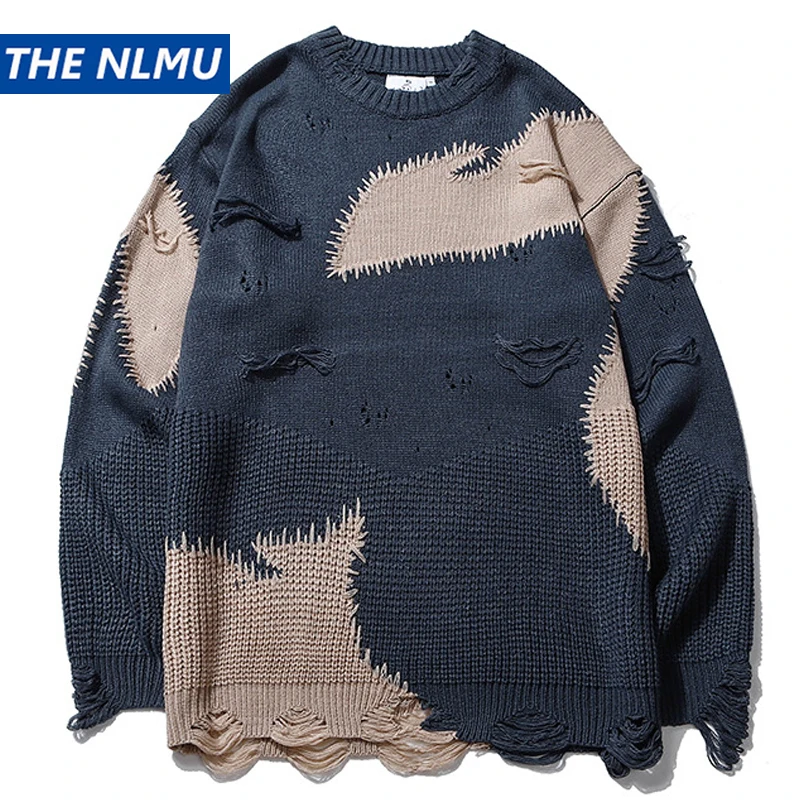 

Ripped Destroyed Holes Distressed Sweaters Mens Knitted Pullover Sweater Male Hip Hop Fashion Loose Sweater Streetwear WE341
