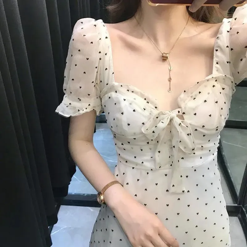 

Женское мини-платье с квадратным вырезом, элегантное пляжное платье с принтом сердца, корейская мода, лето 2021