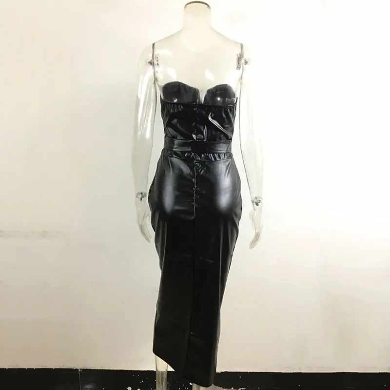 Женское платье с поясом GACVGA черное облегающее открытой спиной из искусственной