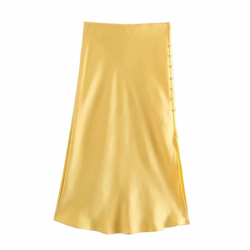

Women Za 2021 Summer Solid Color Skirt Casual Breathable Button High Waist Office lady Female stretch split long Female Skirt Mu