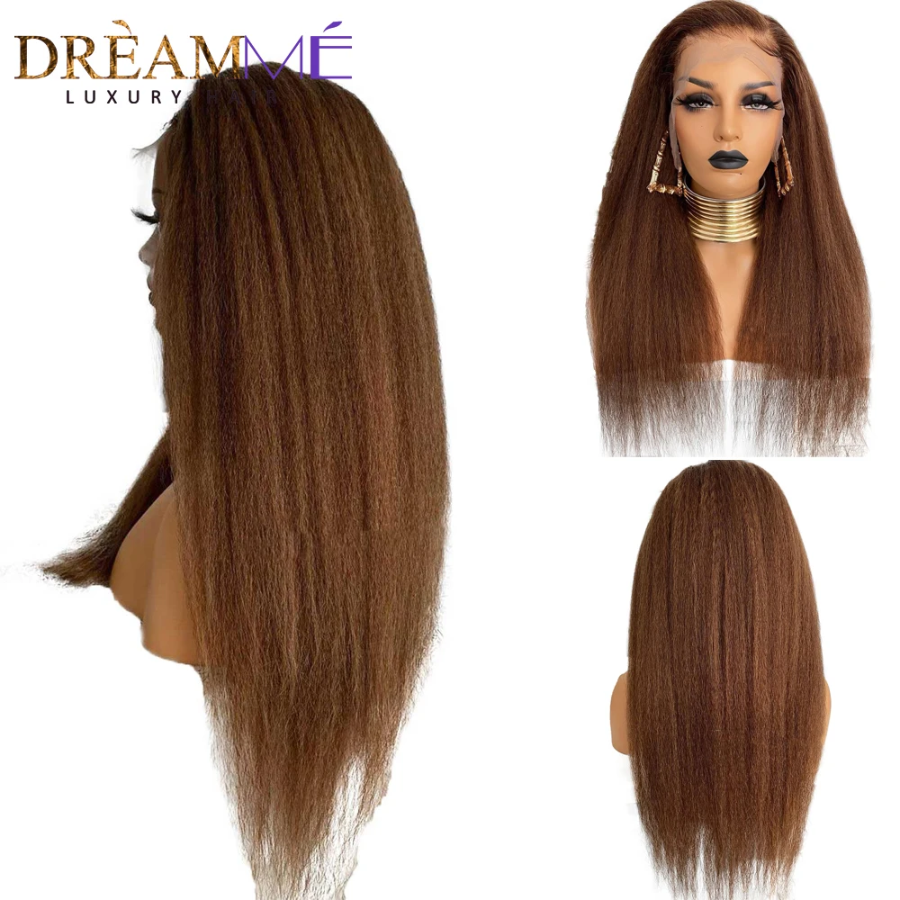 

Brown Kinky Straight Wigs 360 Lace Frontal Human Hair Wigs Remy Brazilian 150% PrePlucked Yaki Transparent 13x4 Lace Front Wig