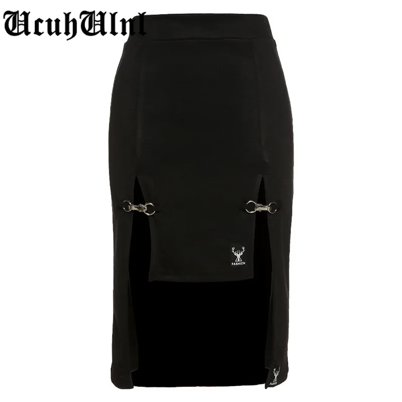 

Streetwear Punk Black Skirt Y2K Goth Bodycon Sexy High Slit Skirts Women Harajuku Metal Patchwork High Waist Skirts