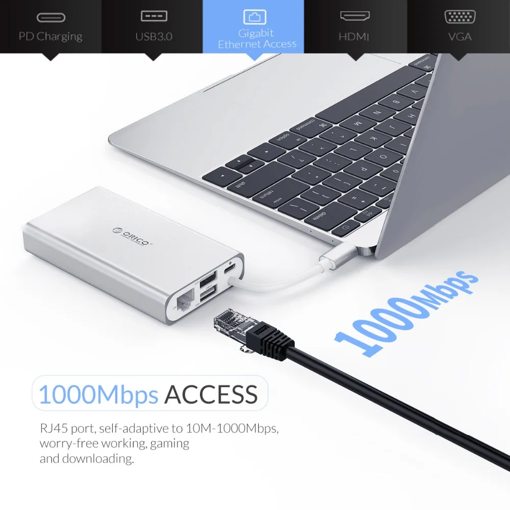 ORICO USB C концентратор Тип C Настольный Ноутбук док-станция для MACbook Apple USB-C к HDMI 4 к VGA порт концентратор RJ45 сетевой конвертер