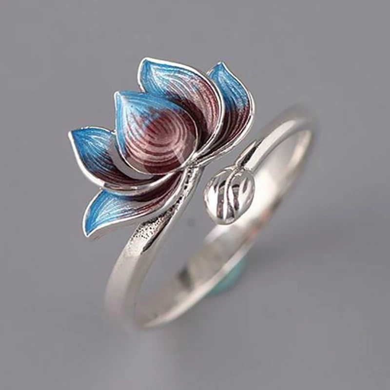 

HML& New S925 Sterling Silver Original Jewelry Blue No Mosaic Flowers Charming Charm Temperament Adjustable Women's Ring