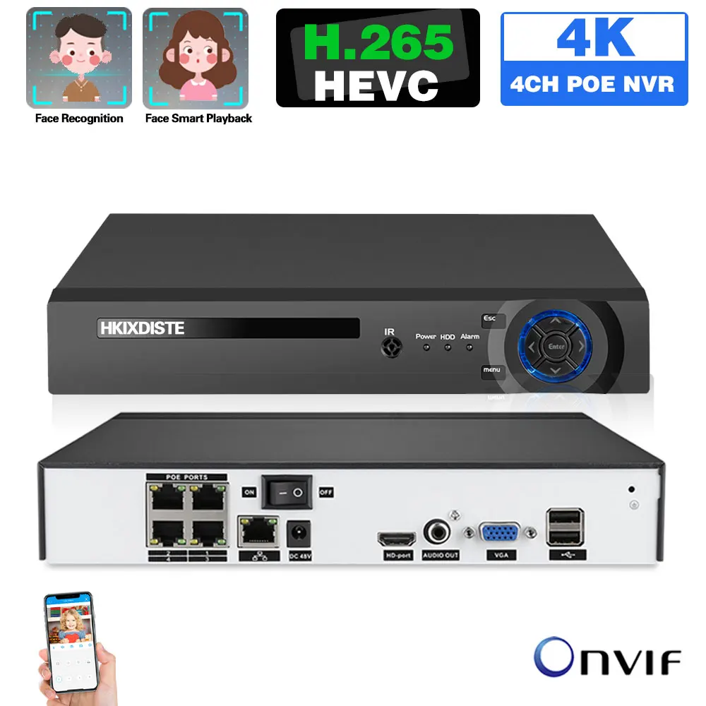 Сетевой видеорегистратор H.265 NVR 4CH CCTV 4K ONVIF 5MP POE система безопасности XMEYE 8MP 4
