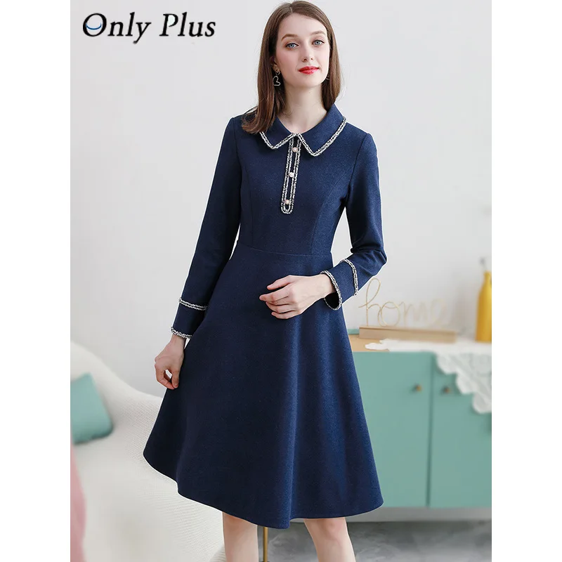 Только плюс женское Шерстяное платье зимнее элегантное кружевное темно синее