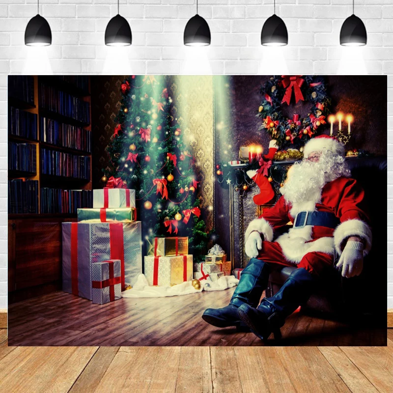 

Santa Claus Gift List Tree Bag Bookshelf Christmas Party Decor Banner Photography Backdrop Baby Photo Background Decor Studio