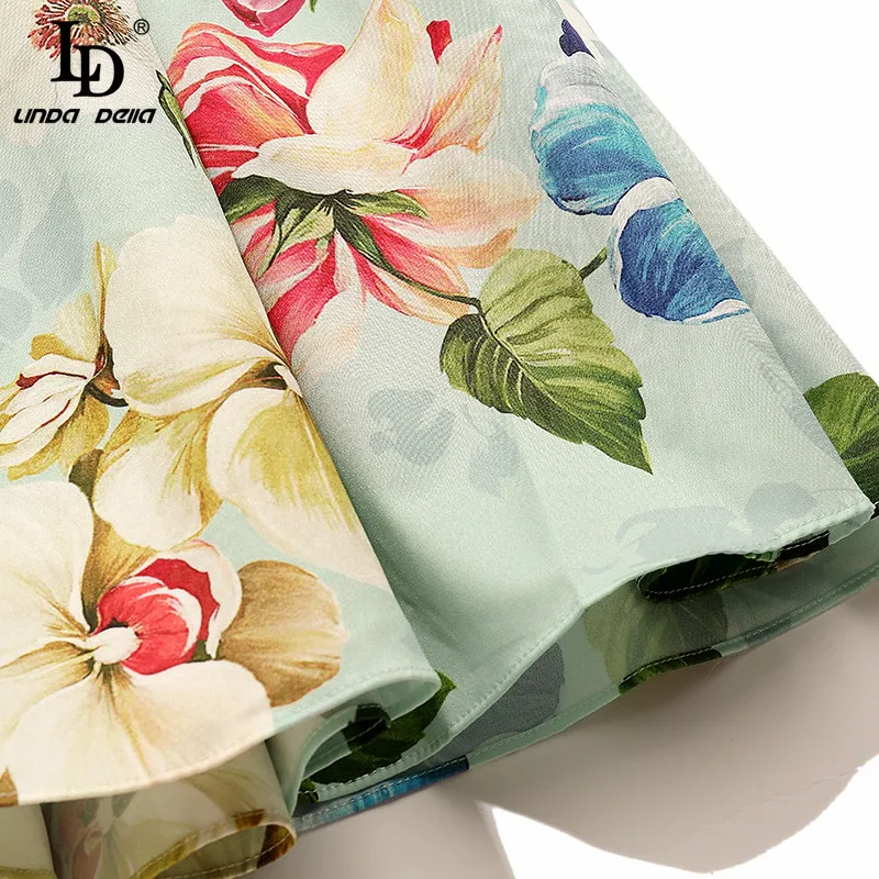 

LD LINDA DELLA Fashion Runway Summer Vintage Dress Women Elegant Lantern Sleeve Elastic waist Flower Printed Ladies Midi Dresses