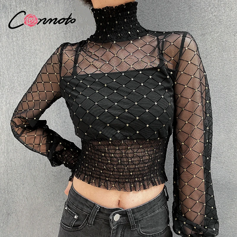 Conmoto Клубная сетчатая прозрачная черепаха женская блузка рубашки с оборками