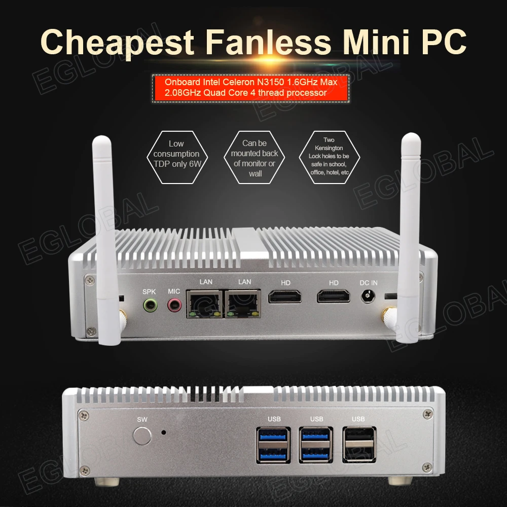 Мини-ПК EGLOBAL Celeron без вентилятора с 2 портами LAN HDMI мониторами подключения