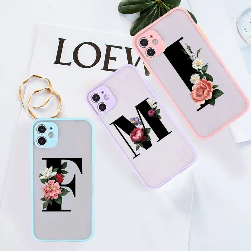 

Letter Floral Fundas Phone Case For iPhone 12 11 Mini Pro XR XS Max 7 8 Plus X Matte transparent Purple Back Cover