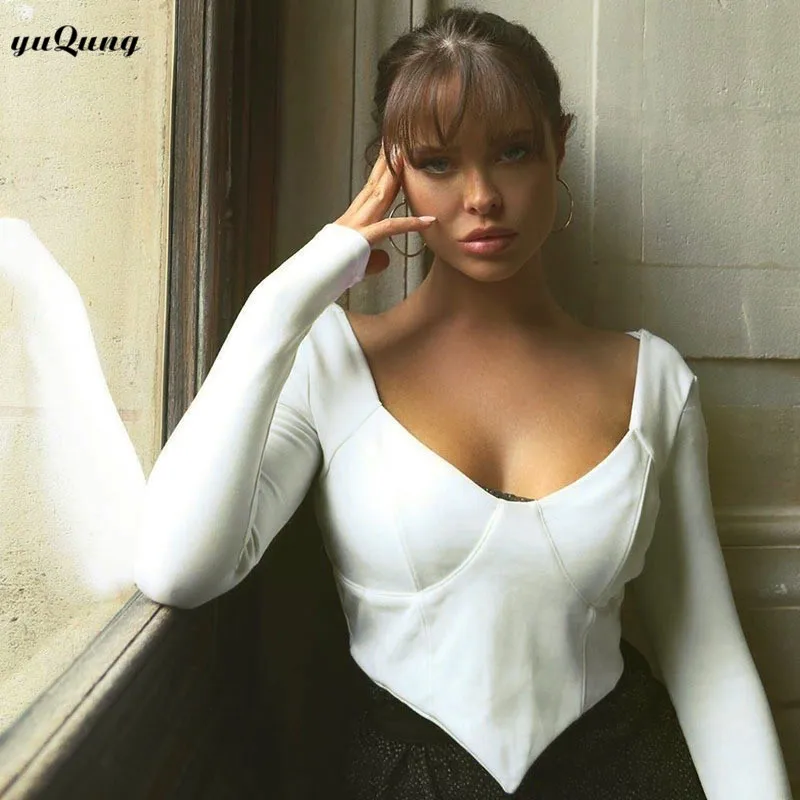 Yuqung женская футболка однотонная белая V Отделка укороченный Топ для женщин с