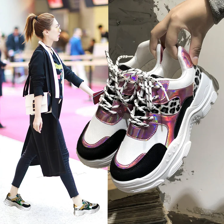 Женские блестящие кроссовки на платформе dames Dad повседневные обувь для