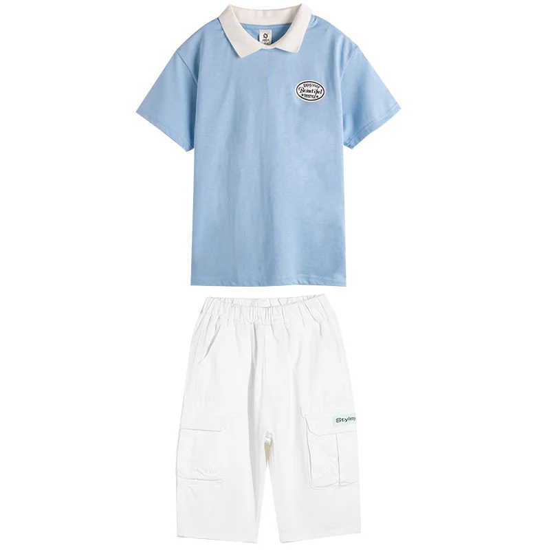 

Kids boys sports suit lapel short-sleeved T-shirt printing smiley + five pants 2pcs suit new summer big virgin suit