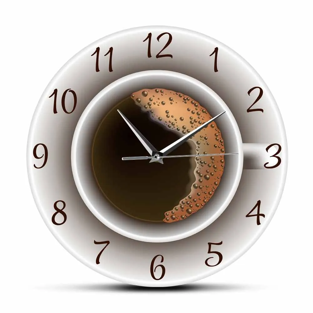 

Cup of Coffee with Foam Decorative Silent Wall Clock Kitchen Decor Coffee Shop Wall Sign Timepiece Cafe Style Hanging Wall Watch