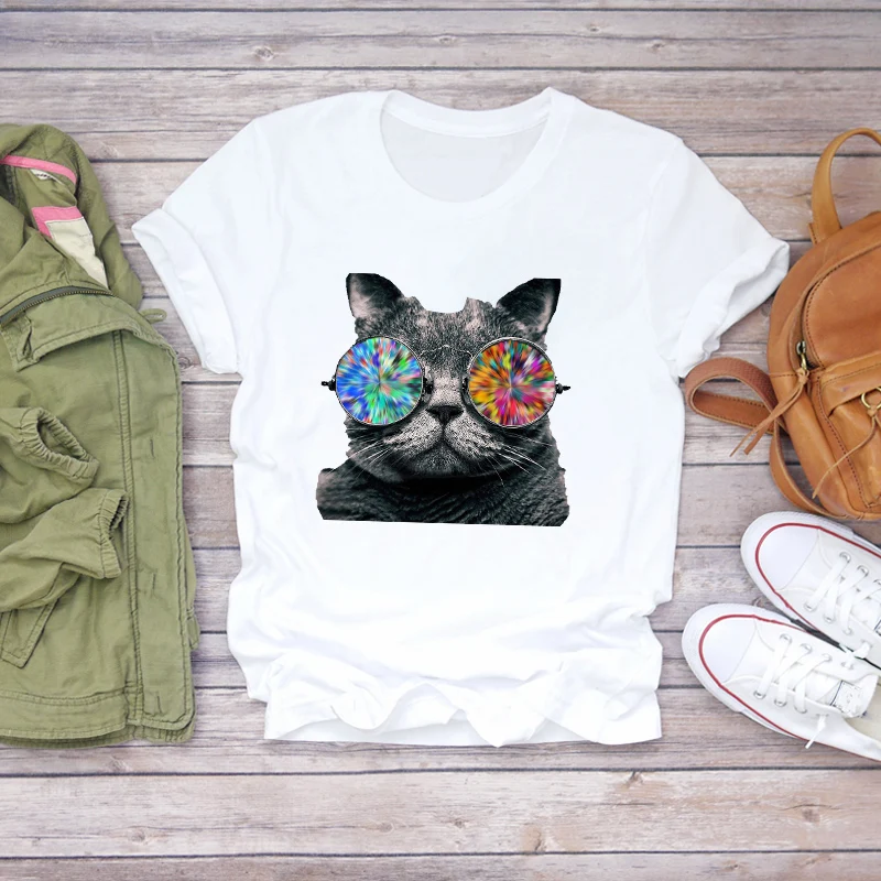 Женская футболка с коротким рукавом и принтом кота|Футболки| |