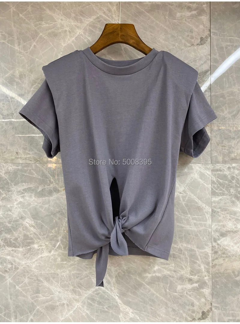 Женские серые хлопковые короткие футболки с наплечниками модные топы коротким