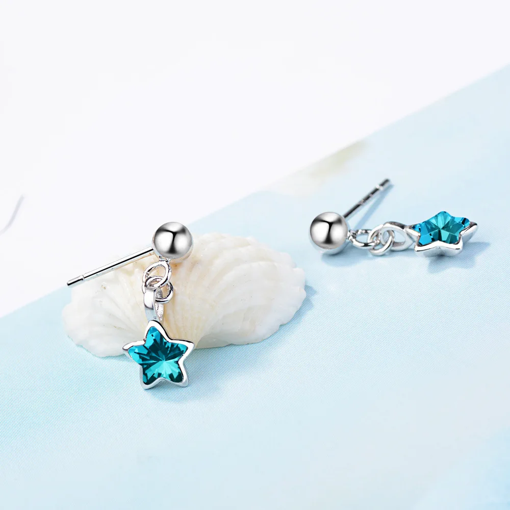 

Hot Sale 925 Sterling Silver Blue Star Earrings Crystal Charms Fashion Stud Earrings For Women Girls Jewelry