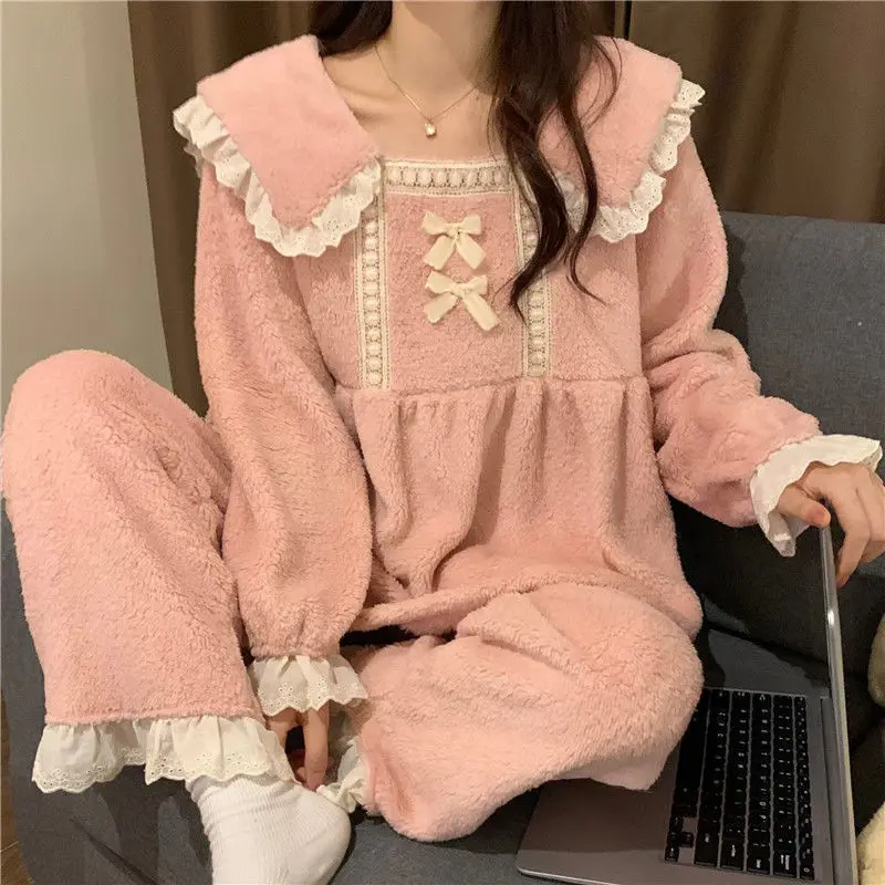 New Style Pajamas Women's Autumn and Winter Coral Plush Thickened Plush Lovely Warm Flannel Home Suit   Pajamas for Teen Girls