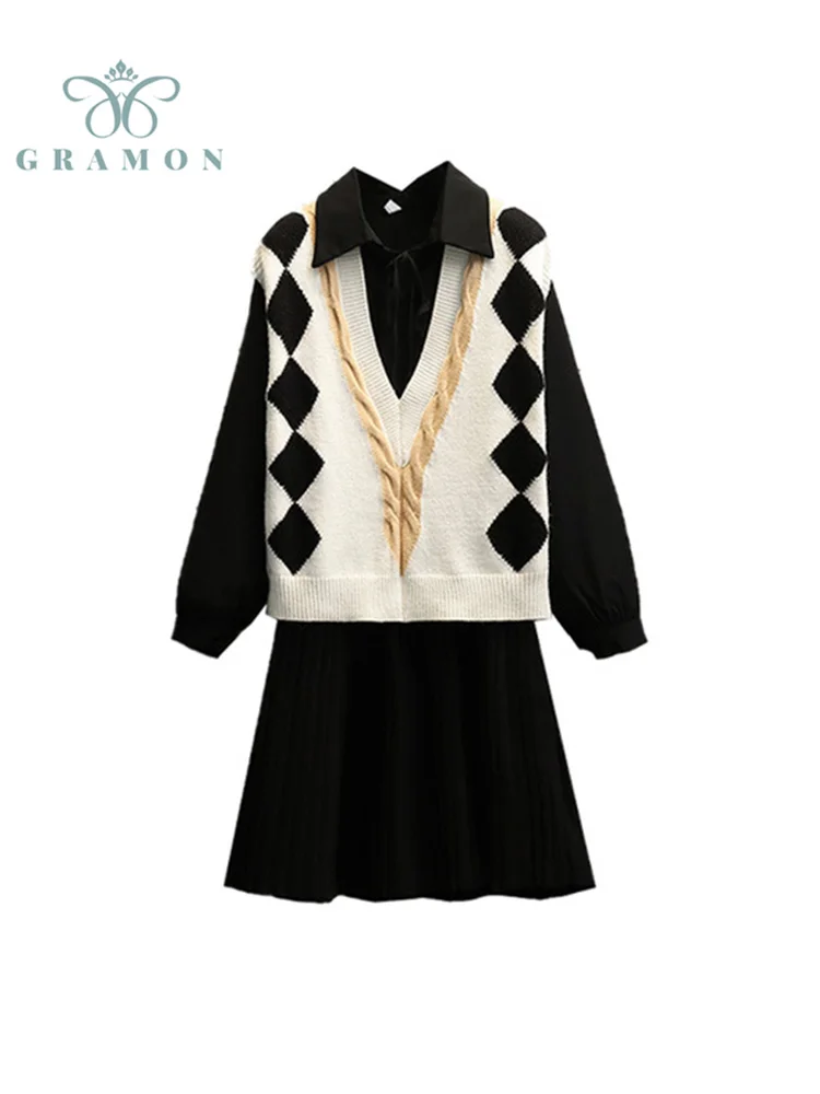 

Two Piece Sets Womens Oversized Outfits V Neck Knitted Vest + Shirt Dress Suits Autumn Korean Fashion Conjuntos De Vestido Mujer