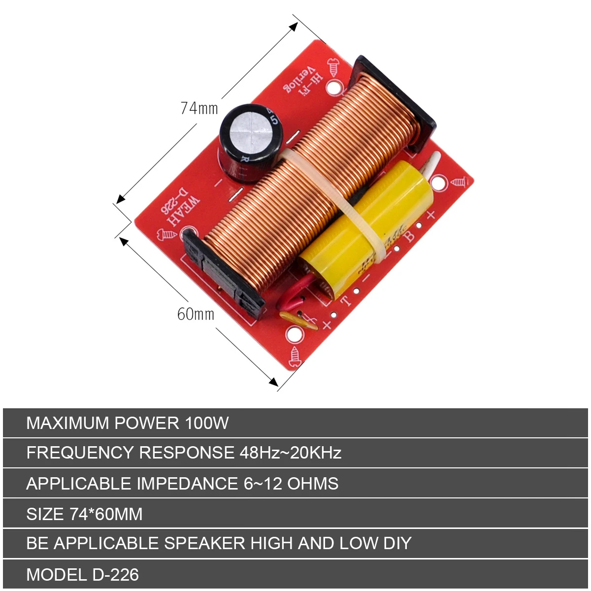 

WEAH D226 100W Speaker 2 Way Crossover Audio Treble Bass Independent Crossover Speakers Filter Frequency Divider For Car Speaker