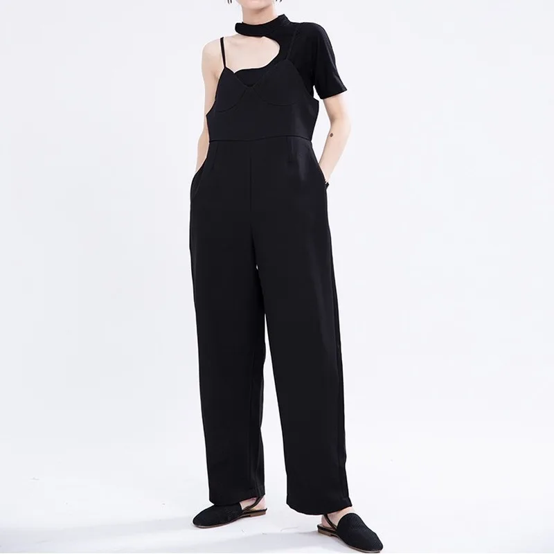

Jumpsuit High Waist Pants for Women Polyester Full Length Spring and Summer 2020 Black Lazy Straight Belt Loose Casual Explosion