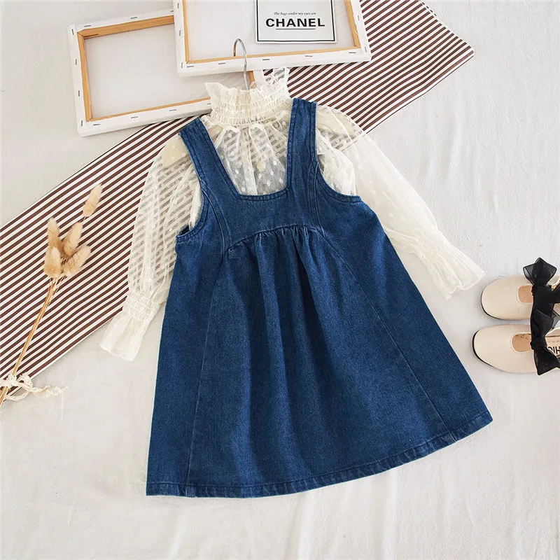 

Gooporson Fall Girls Outfits Lace Transparent Long Sleeve Top&overalls Fashion Korean Clothes Little Children Clothing Set