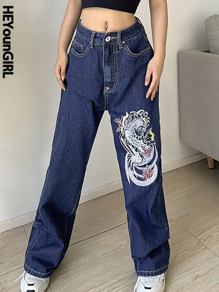 

HEYounGIRL Fashion Dragon Print Spring Baggy Jeans Hight Waist Harajuku Hip Hop Denim Trousers Casual Aesthetic Long Pants 2022