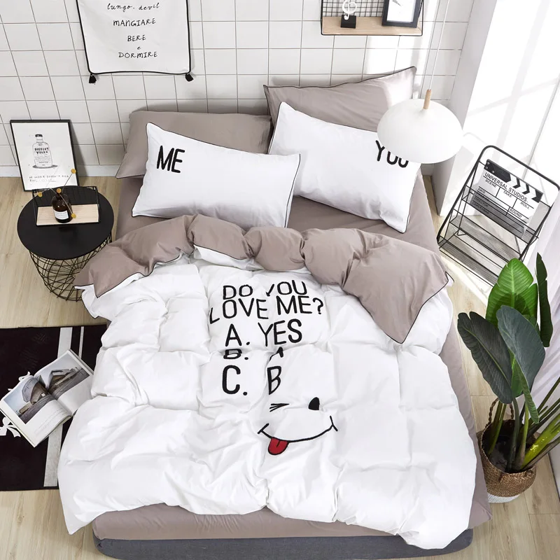 

4Pcs/Set Solid Bed Sheet Pillowcase & Duvet Cover Sets 10 Style Text Bedding Set Love Towel embroidery Home Bed Set Textile