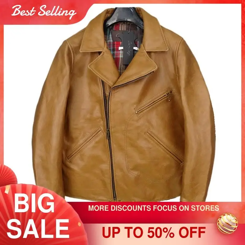 

2021 Light Brown Casual Style Genuine Leather Jacket Men Plus Size 4XL Real Natural Cowhide Slim Fit Autumn Coat