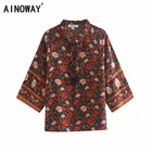 Винтажная шикарная Женская пляжная блузка из искусственного хлопка на шнурке с цветочным принтом, богемная рубашка, женские свободные рубашки в стиле бохо с расклешенными рукавами