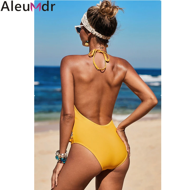 Aleumdr 2019 летний купальник пляжная одежда желтый Ember Цельный сексуальный полый