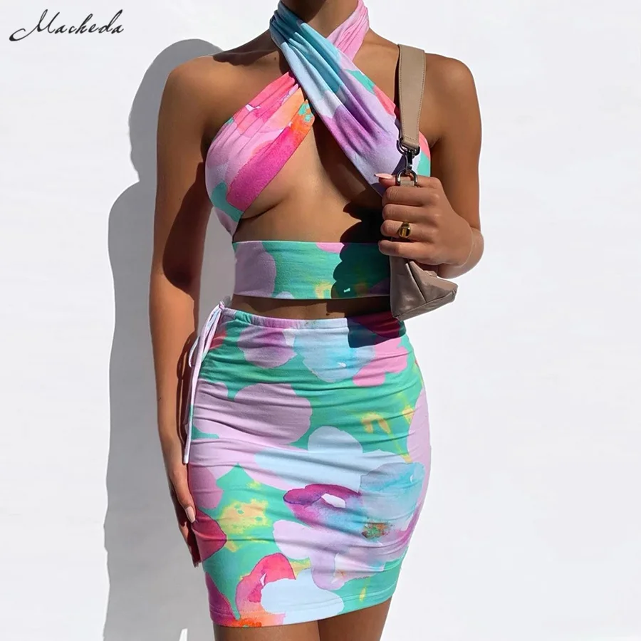 

Macheda Summer Fashion Printing Two Pieces Set Women Sexy Halter Lace Up Sleeveless Crop Top And High Waist Mini Skirt Sets