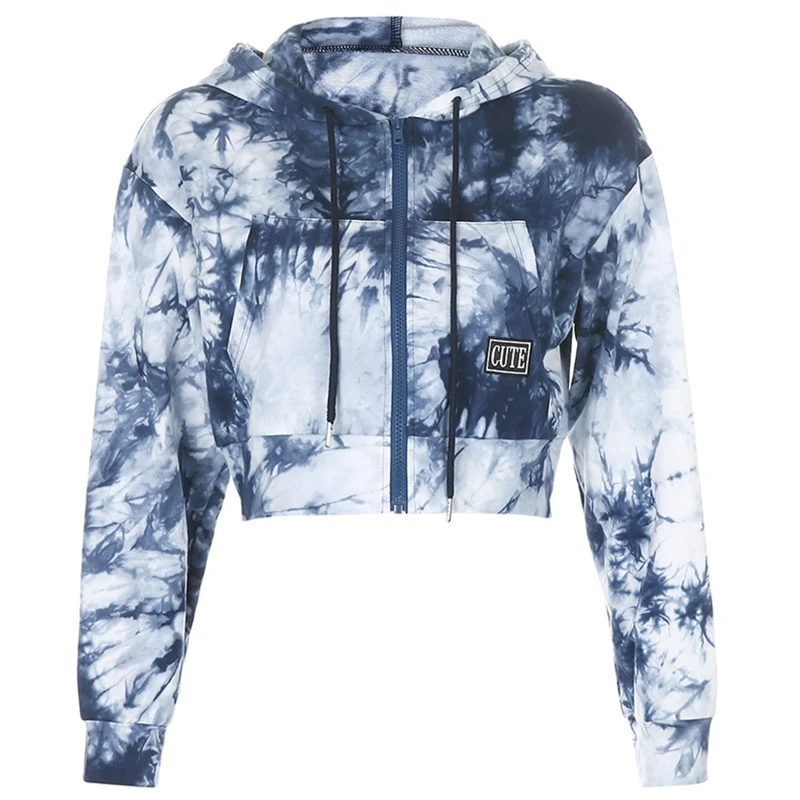 

Women Tie Dye Hoodies Jacket Drawstring Zip Up Long Sleeve Cropped Sweatshirt