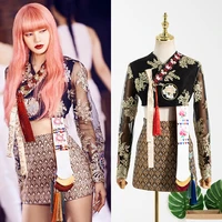 kpop korean celebrity embroidery perspective short long sleeve shirt blouse topssexy slim a line mini skirt women two piece set