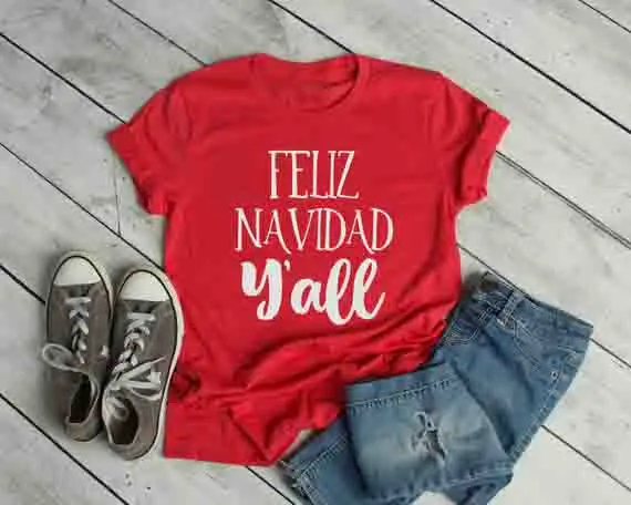 

Feliz Navidad Y'all Funny Graphic christmas Top Tees Women Cotton Round Neck Harajuku Shirt Fashion Short Sleeve Female Clothing