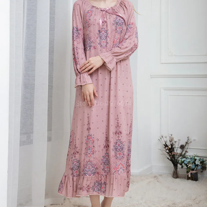 

New Leisure Pajamas Underwear Nightgown Bowknot Elegant Warm Lingerie Long Sleeve Dress High Quality Homewear Nightwear Women
