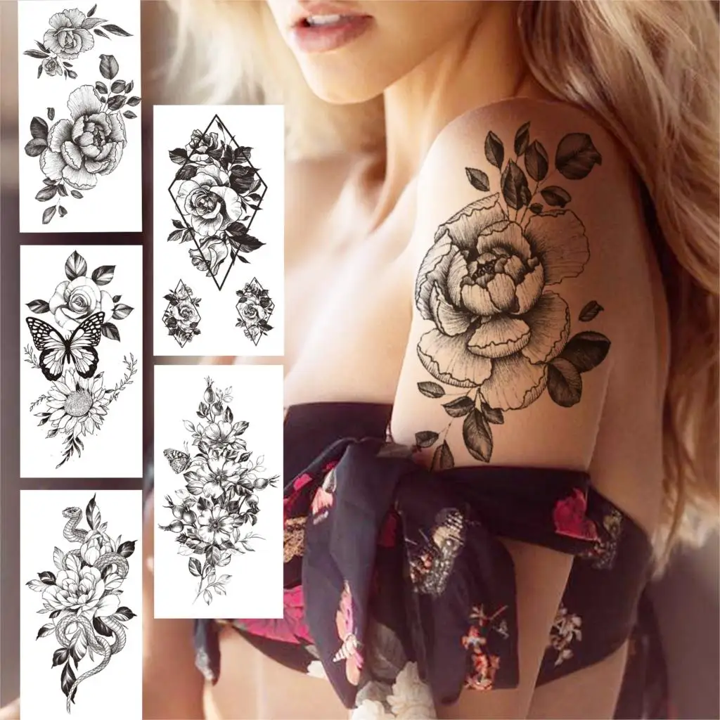 

Large Peony Temporary Tattoos For Women Girls Black Butterfly Mask Flower Tattoo Sticker Geometric Fake Sexy Rose Tatoo Forearm