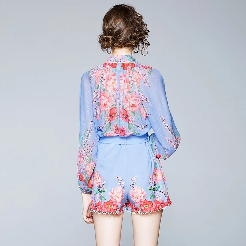 

Will spot the autumn collar shirt printing design color matching long sleeve joker waist belt pants suit