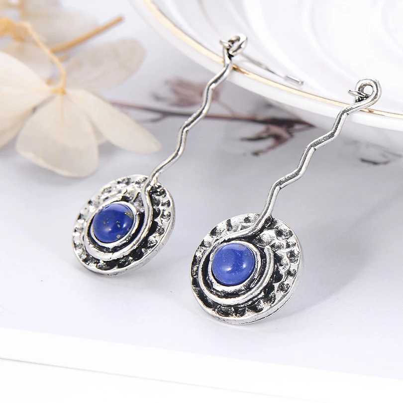 В этническом стиле Он украшен круглыми синими капли масла Длинные Висячие серьги