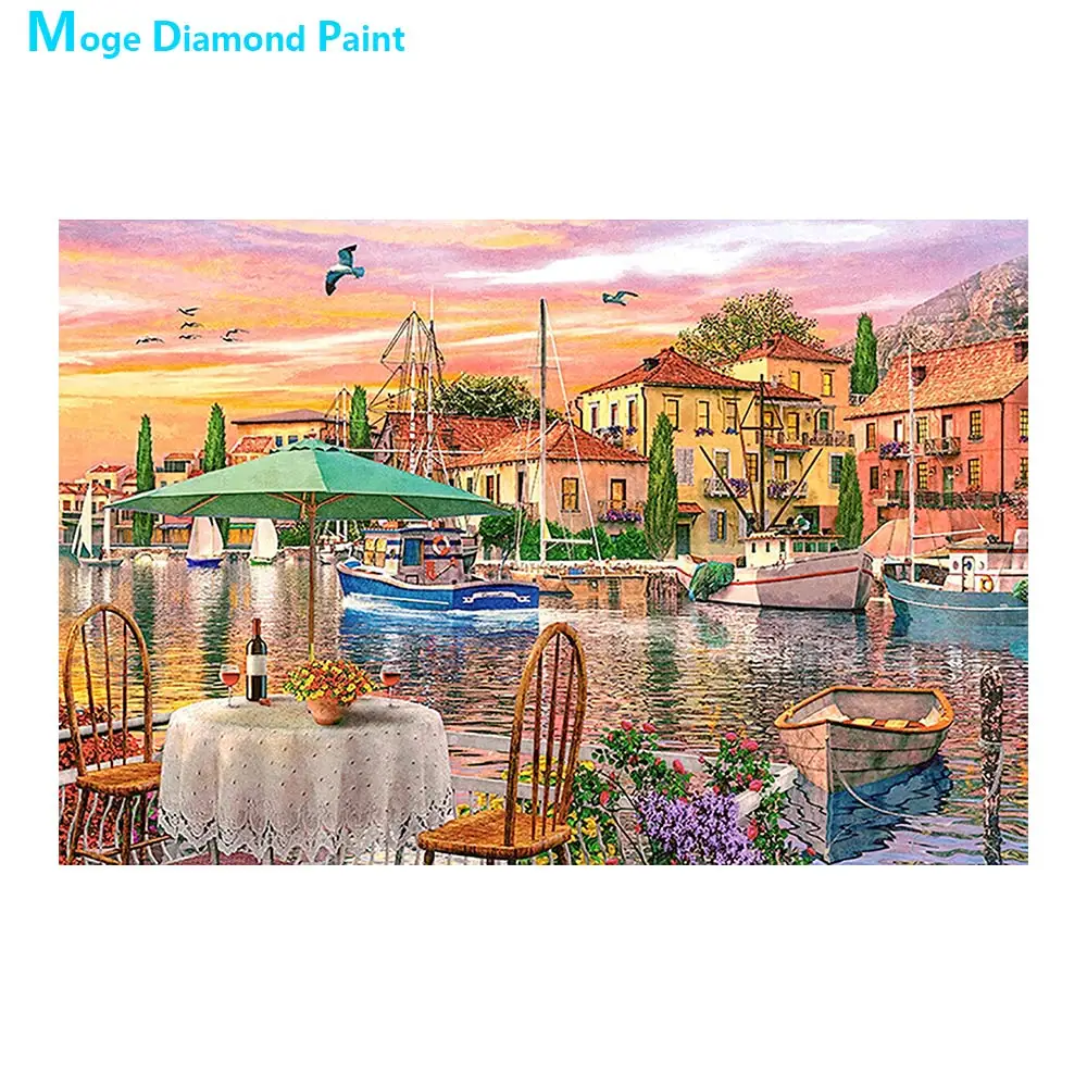 Городской порт корабль алмазная живопись живописный дом круглый полный дрель