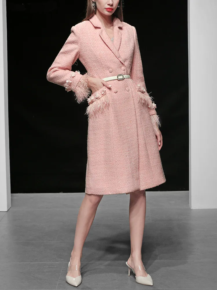 Elegant Feathers Double-breasted Winter Coat Women Runway Designer Thick Warm Pink Wool Coat Jacket High Quality Outwear