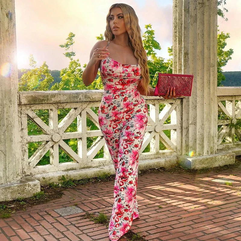 

Женский комбинезон без рукавов, розовый комбинезон с цветочным принтом и U-образным вырезом, Размеры S/ M/ L, 2021