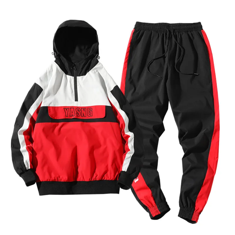

2021 New Hip Hop Workwear jacket Mens Tracksuit Jacket+Pants 2PC Sets Patchwork Zipper Coat & Long Pants Mens Clothing