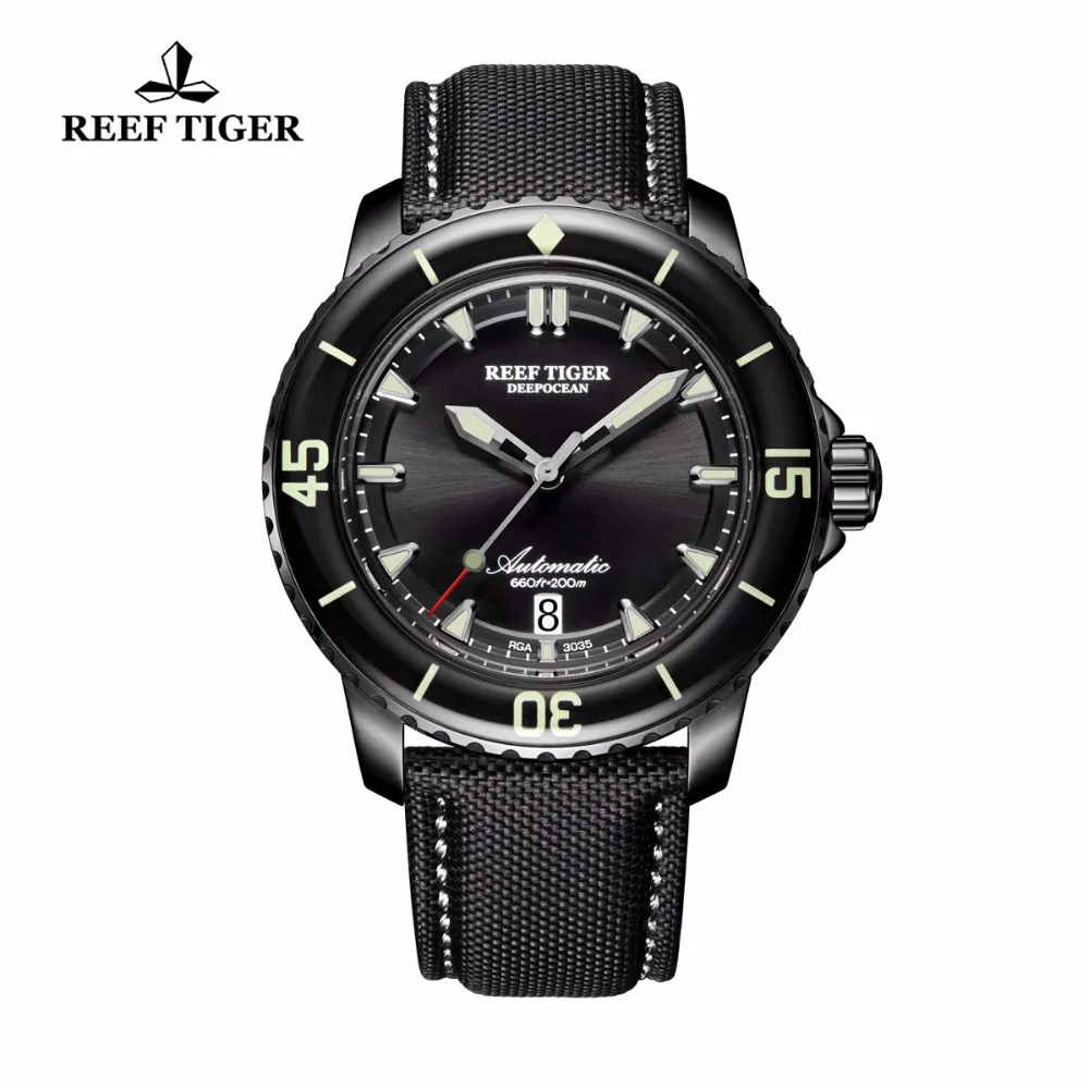 

Reef Tiger/RT Super Luminous Automatic Watches for Men Black Steel Nylon Strap Dive Watch with Date RGA3035